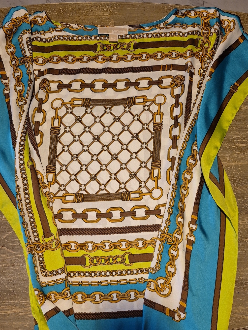 Silk-Feel Chain Print Scarf Top in Turquoise & Lime